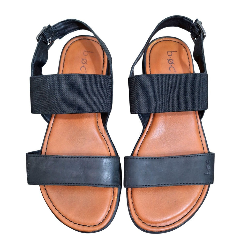 b.o.c. Born Women's Casual Black Leather Elastic Slingback Flat Sandals Size 7M